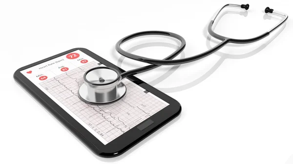 Tablet pc with cardiogram and a stethoscope on it, isolated — Stock Photo, Image