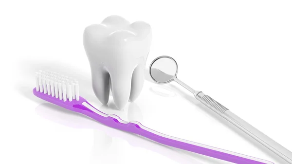 Dente molar com espelho dental e escova de dentes isolada em fundo branco — Fotografia de Stock