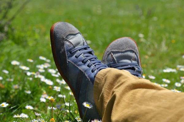 Voeten in schoenen op groene veld met bloemen — Stockfoto