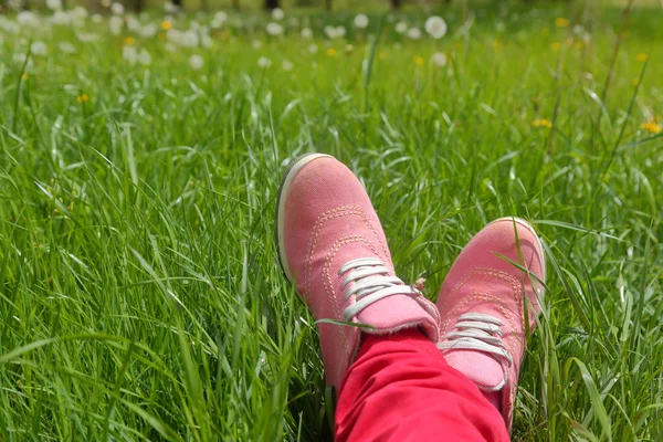 Voeten in roze schoenen op groene veld met bloemen — Stockfoto