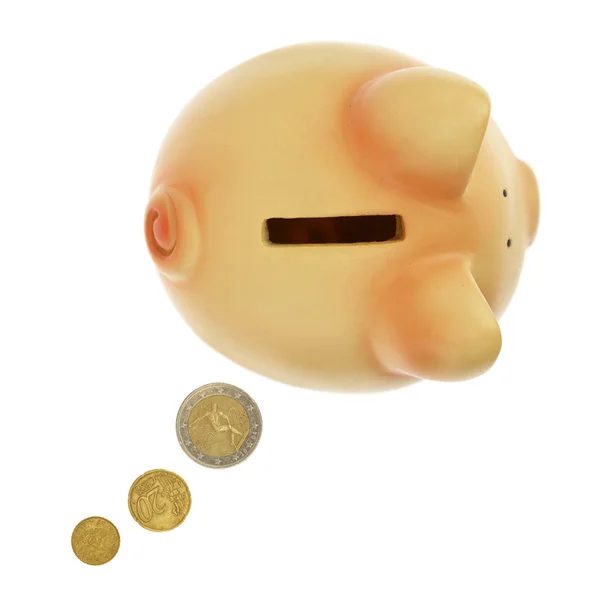 Piggy bank with coins forming a text bubble isolated on white — Stock Photo, Image