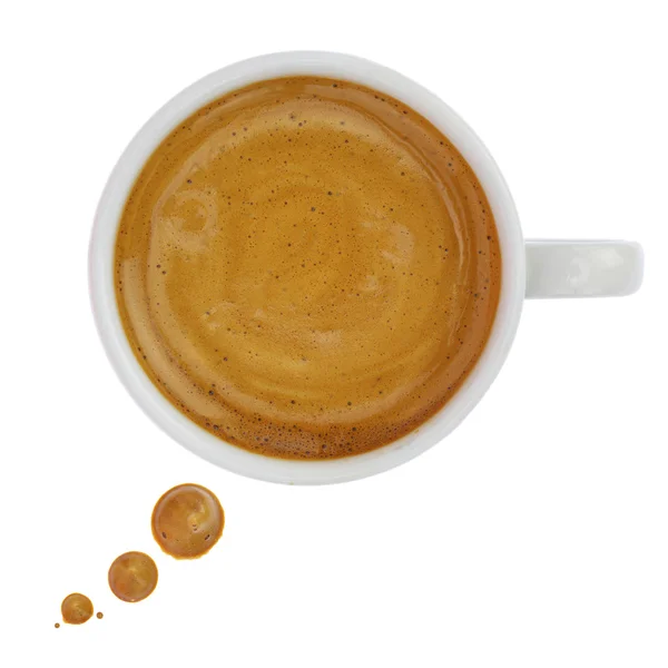 Taza de café con gotas formando una burbuja de texto aislada en blanco — Foto de Stock