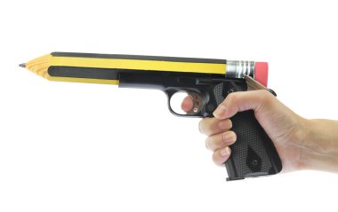 Hand holding gun with pencil point isolated on white clipart