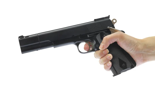 Hand holding gun isolated on white — Stock Photo, Image