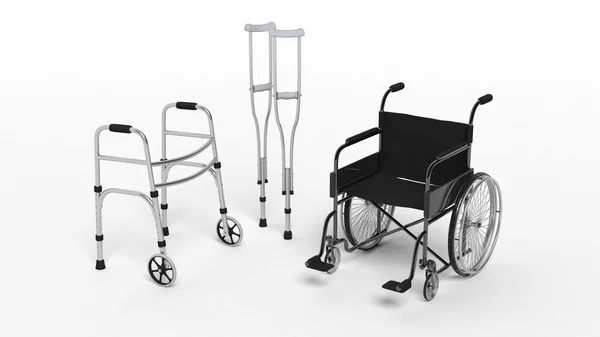 Czarny niepełnosprawności wózek inwalidzki, kule oraz metaliczne Walkera na białym tle — Zdjęcie stockowe