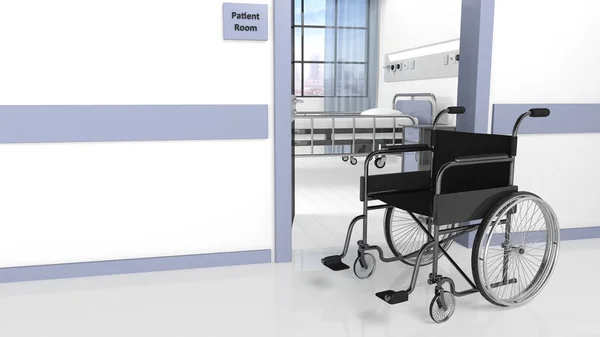 Cadeira de rodas preta na frente do quarto do paciente no hospital — Fotografia de Stock