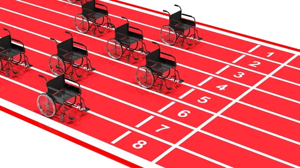 Wheelchairs on red running track isolated on white — Stock Photo, Image