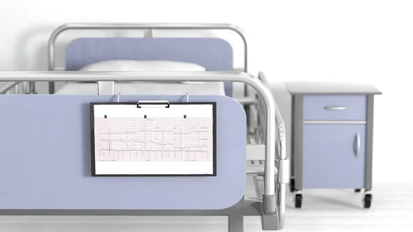 अस्पताल बिस्तर और बेडसाइड टेबल रोगी शीट कार्डियोग्राम पर ध्यान केंद्रित के साथ — स्टॉक फ़ोटो, इमेज