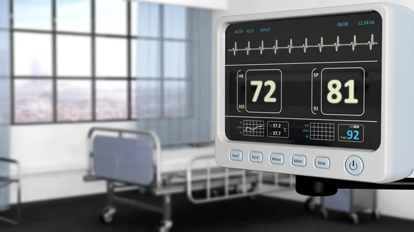 Monitor pacjenta urządzenia zbliżenie w szpitalnej sali z głębi ostrości — Zdjęcie stockowe