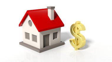 Altın dolar beyaz arka plan üzerinde izole işareti olan ev modeli