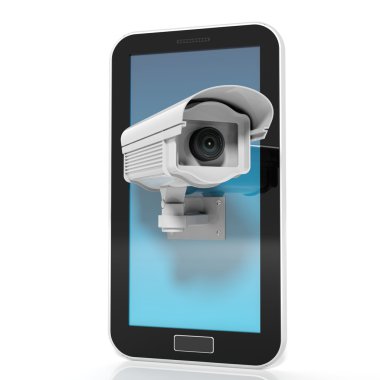 Güvenlik kamerası beyaz arka plan üzerinde izole tablet ekranında