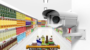 Security surveillance camera with supermarket interior as background clipart