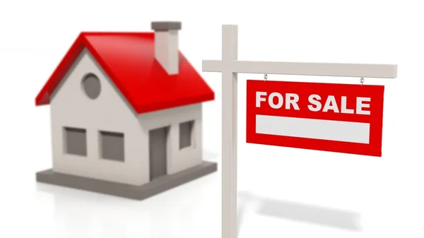 Модель дома с табличкой продажи изолированы на белом фоне — стоковое фото