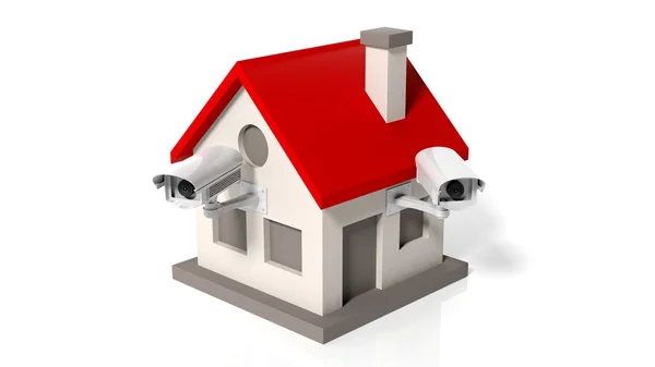 Modello di casa con telecamere di sorveglianza isolate su sfondo bianco — Foto Stock