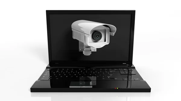 Security surveillance camera on laptop screen isolated on white background — Stock Photo, Image