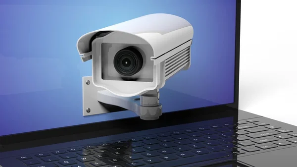 Security surveillance camera on laptop screen closeup — Stock Photo, Image