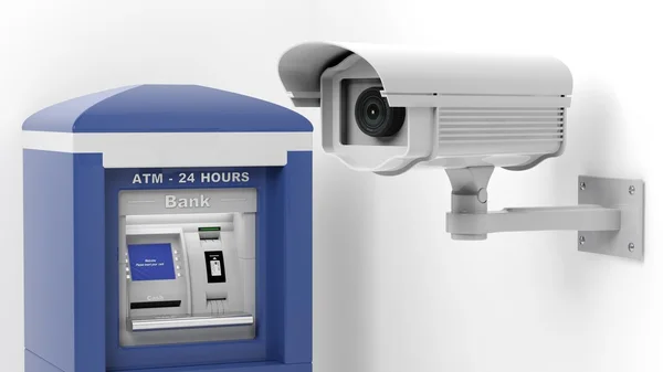 Caméra de surveillance de sécurité et distributeur automatique isolé sur fond blanc — Photo