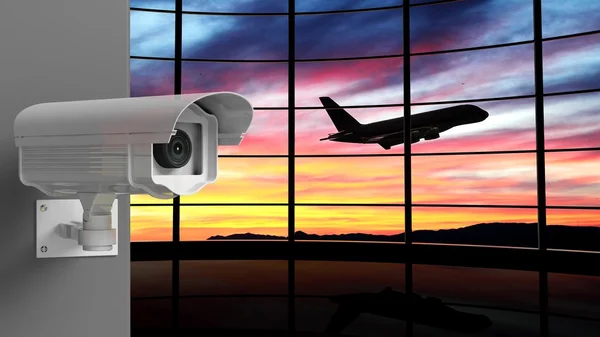 Security surveillance camera with airport window as background — Stock Photo, Image