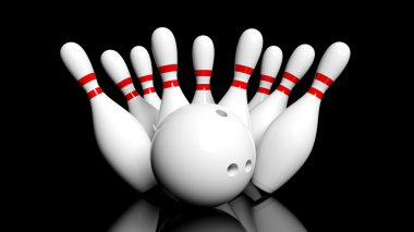 Bowling topu ve siyah arka plan üzerine izole pimleri