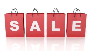 Satılık metinle beyaz arka plan üzerinde izole kırmızı alışveriş torbaları