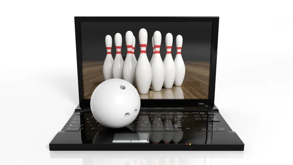 Bowling palla e perni sul computer portatile isolato su sfondo bianco — Foto Stock