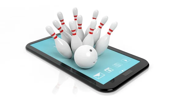 Bowling palla e perni impostati su schermo tablet isolato su bianco — Foto Stock