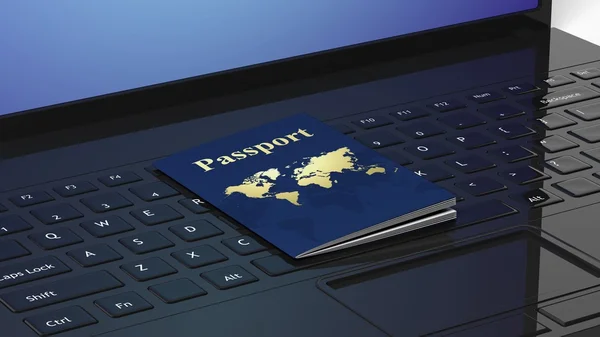 Paszport na klawiaturze laptopa czarny — Zdjęcie stockowe