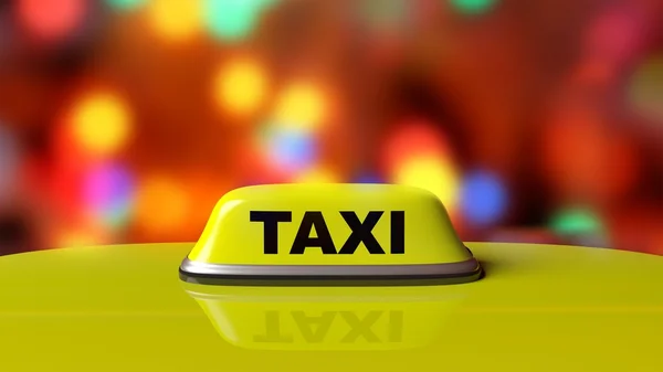 Yellow taxi car roof sign with abstract bokeh city lights background — Stock Photo, Image