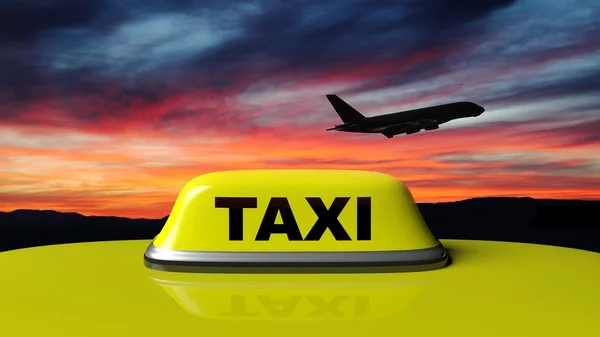 Yellow taxi car roof sign with sunset sky and airplane black silhouette — Stock Photo, Image