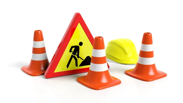 Cones de tráfego, capacete e sinal de aviso isolado no fundo branco — Fotografia de Stock