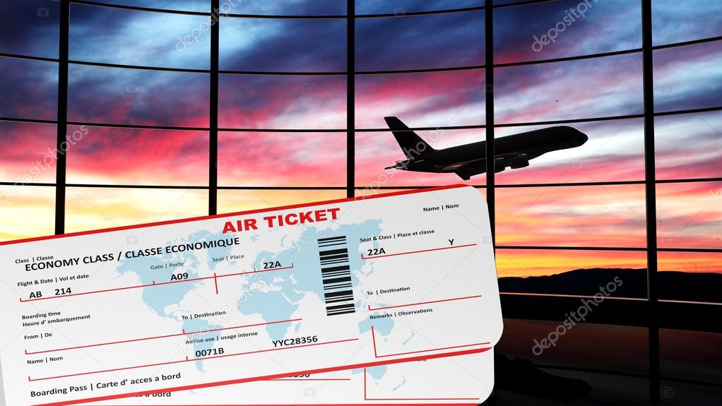 Air tickets with sunset and airplane silhouette as background