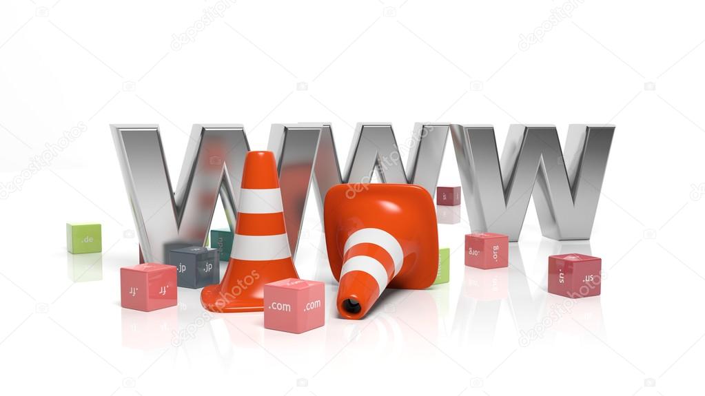 WWW letters, traffic cones and cubes with domain extensions isolated on white background 