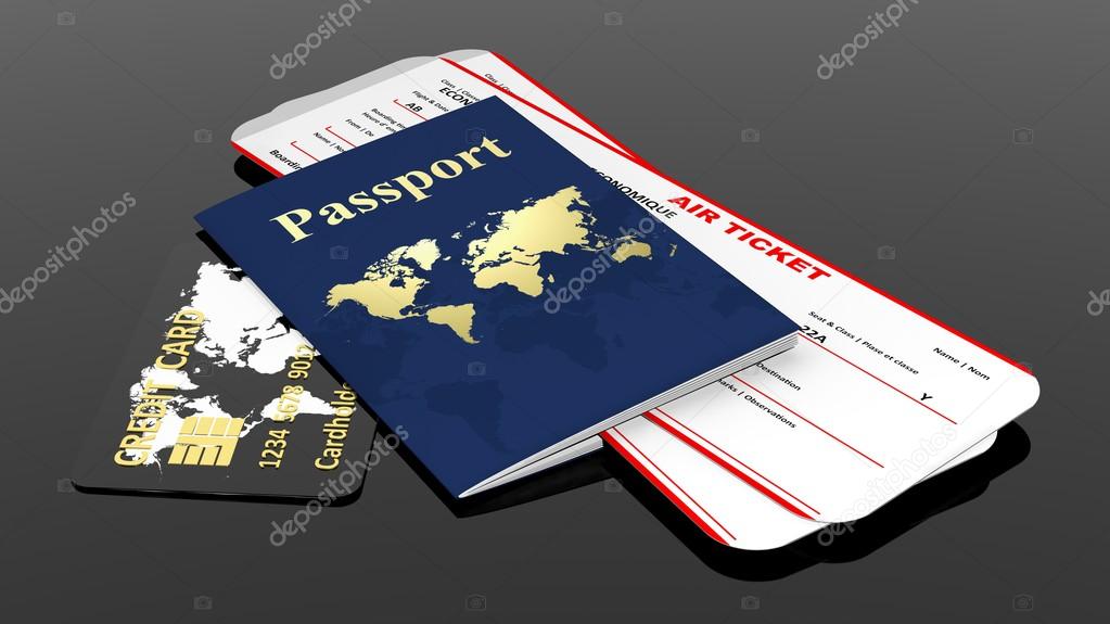 Passport, credit card and two air tickets isolated on black background