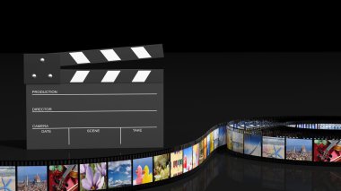 Klaket ve siyah arka plan üzerine izole resimleri ile film şeridi