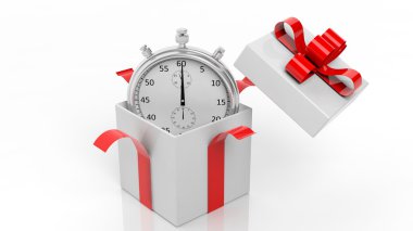 Bir hediye kutu kırmızı kurdele, üzerinde beyaz izole içinde gümüş Chronometre