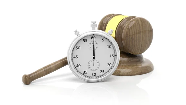 Srebrny chronometr z młotek drewniany, na białym tle — Zdjęcie stockowe