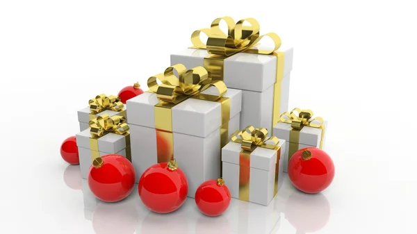 Scatole regalo con nastro dorato e palline di Natale rosse isolate su sfondo biancoScatole regalo con nastro dorato e palline di Natale rosse isolate su sfondo bianco — Foto Stock