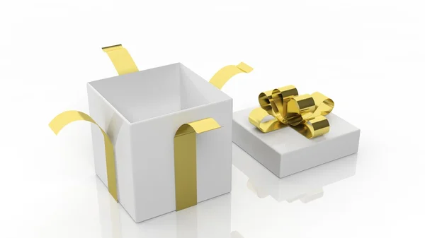 Abrir caixa de presente vazia com fita dourada isolada no fundo branco — Fotografia de Stock