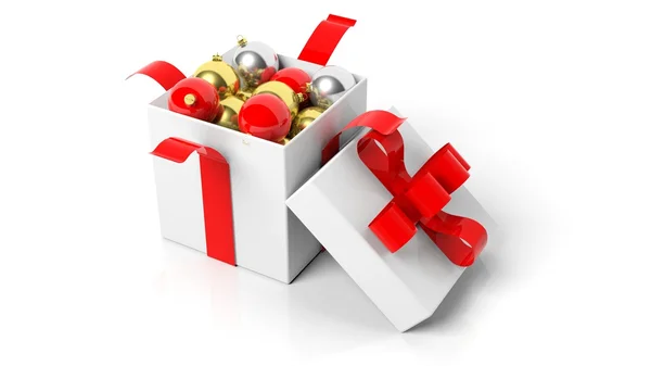 Open gift box with red ribbon full of Christmas balls isolated on white — Stock Photo, Image