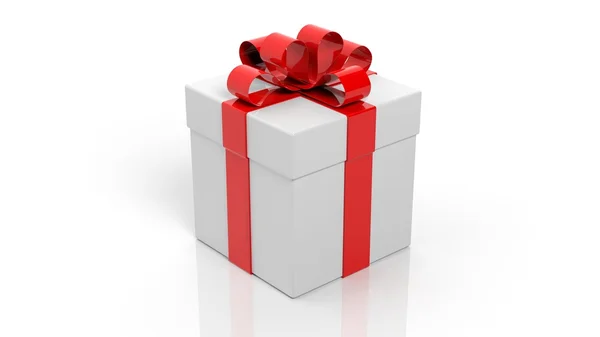 Beyaz arkaplanda kırmızı kurdeleli hediye kutusu — Stok fotoğraf