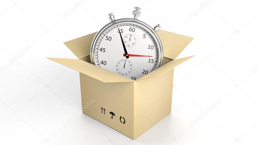 Silver chronometer in a cardboard box, isolated on white