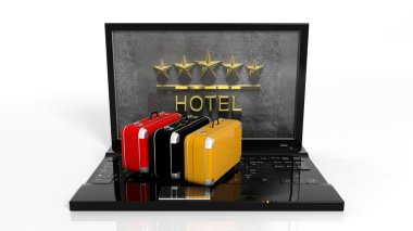 Suitcases on laptop keyboard with 5 stars hotel symbol on screen clipart