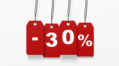 Satış etiketleri % 30'u ile asılı kırmızı izole üzerinde beyaz arka plan indirim