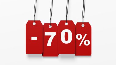 Satış etiketleri % 70'i ile asılı kırmızı izole üzerinde beyaz arka plan indirim