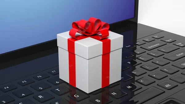 ( 영어 ) Gift Box With Red Ribbon On Black Laptop Keyboard — 스톡 사진