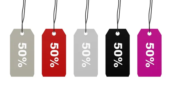 Kleurrijke verkoop tags opknoping met vijftig procent korting geïsoleerd op witte achtergrond — Stockfoto