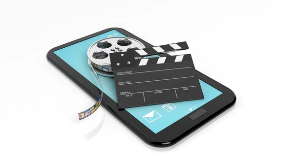 Filmklapper en film reel here reel op zwarte Tablet PC-scherm geïsoleerd op wit — Stockfoto