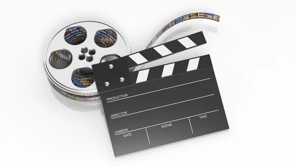 Clapperboard and film reel with pictures isolated on white background — Stock Photo, Image