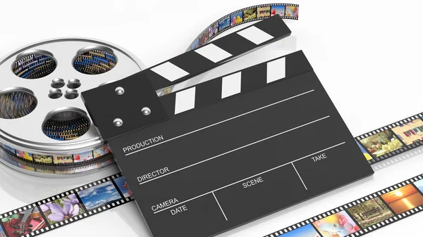 Clapperboard and film reel with pictures isolated on white background — Stock Photo, Image
