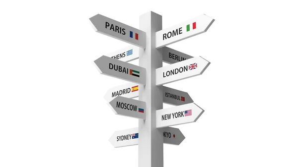 White signpost with various city names isolated on white background — Stock Photo, Image